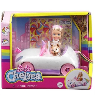 Barbie® Club Chelsea™ Doll  with Open-Top Unicorn Car &amp; Sticker Sheet บาร์บี้ เชลซีกับรถพร้อมสีเพลเทลสัตว์เลี้ยง (GXT41 ID)