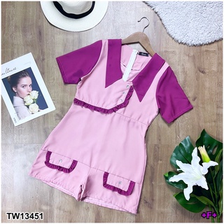 SS13451 Jumpsuit จั๊มสูทขาสั้น คอปก อกแต่งระบาย ติดกระดุมเพชร