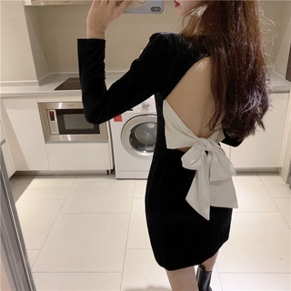 Women  Sexy Dress Slim Long Sleeve Backless  Dress Short A-line Dress  เดรส  ชุดเดรสสั้น