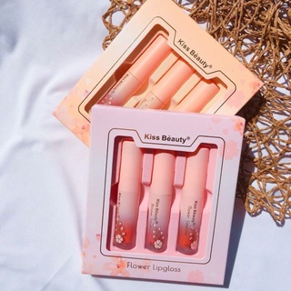 70006-03AB 💋พร้อมส่ง ลิปKiss Beauty Flower Lipgloss / ลิป 3 แท่ง 3 สี Kiss Beauty เป็นเนื้อแมท สีชัดสวย กลบสีปากดีมาก💋