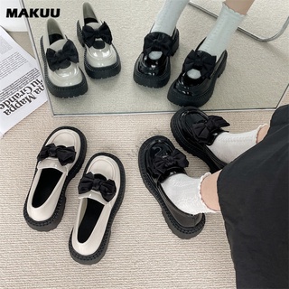 Makuu รองเท้าแมรี่เจน รองเท้าหนัง แพลตฟอร์ม แต่งโบว์ สีดํา สไตล์ญี่ปุ่น เรโทร แฟชั่นฤดูใบไม้ผลิ ฤดูร้อน สําหรับผู้หญิง