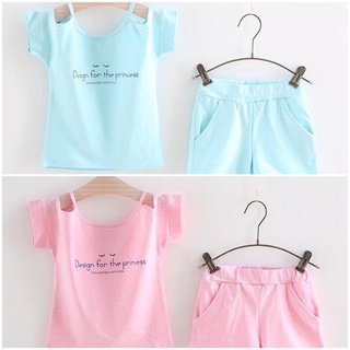 ชุดเสื้อแขนสั้นเปิดไหล่สีชมพู-ฟ้า