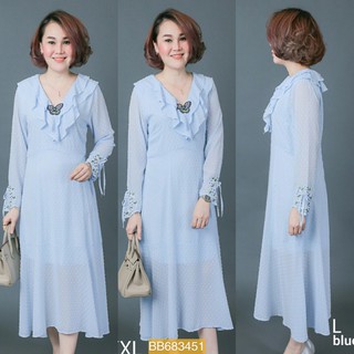 Granddesignplus แม็กซี่เดรสชีฟองปักดิ้นสีทั้งตัว *สีฟ้า* Size L