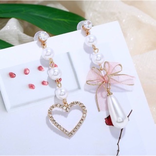 ต่างหูเจาะ/หนีบ หัวใจโบว์ (พร้อมส่ง)