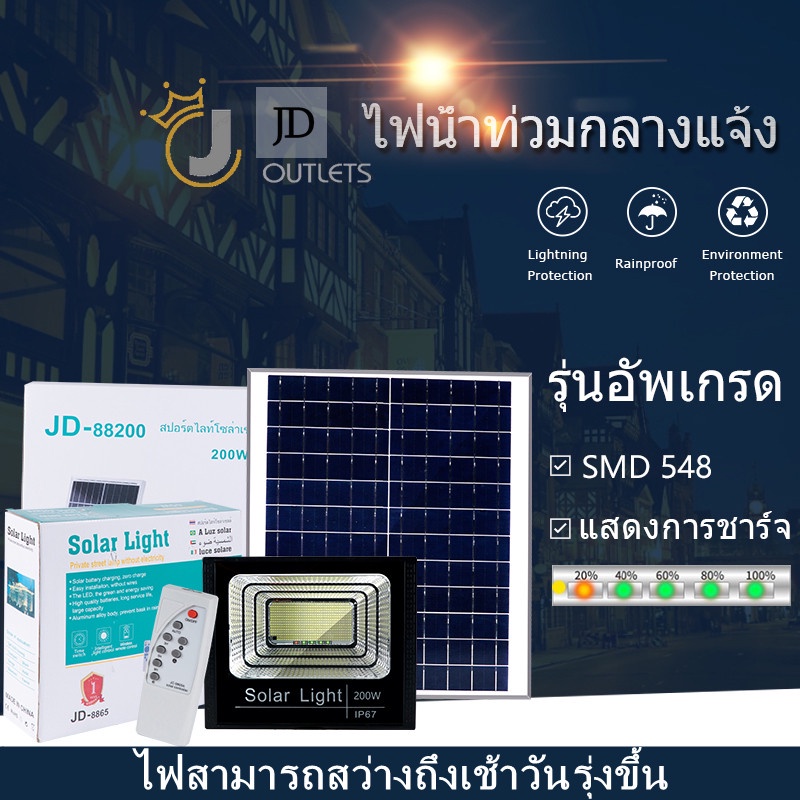 【กำลังไฟที่แท้จริง】ของแท้JD ไฟโซล่าเซลล์ กันน้ำกลางแจ้ง ป้องกันฟ้าผ่า Solar light แสงสีขาว สว่างอัตโนมัติเมื่อฟ้ามืด