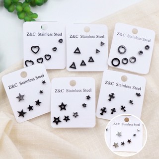 WFH stud earrings ต่างหูสแตนเลส 1 set 3 คู่ สีเงิน | ดำ มี 6 ลาย