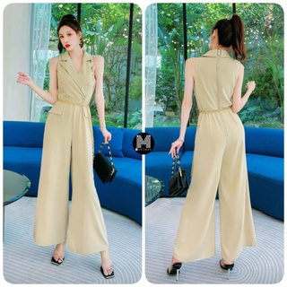 พร้อมส่ง🚗2color🚕Jumpsuit ขายาวคอวีปกแขนกุด+เข็มขัดโซ่ทอง🚕maximal