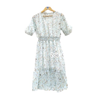 Zoe Clothes     เดรสยาวพร้อมจัดส่ง  เนื้อผ้าชีฟอง   คอ V    แขนสั้นระบาย   ZOE 404  เดรสมีซับใน