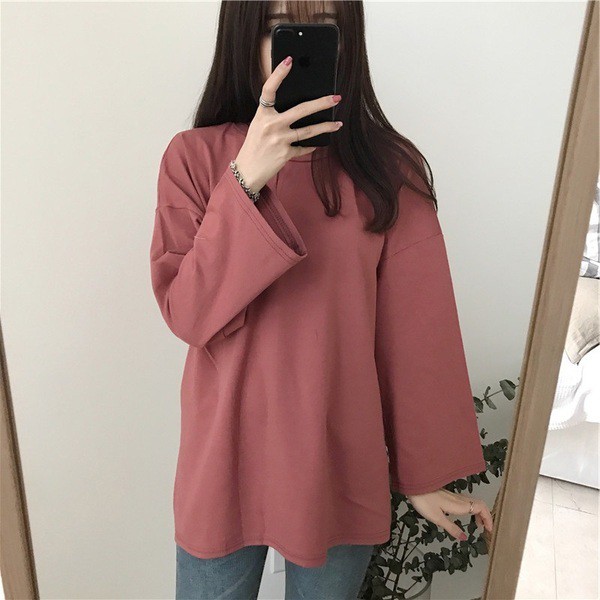 ที่นิยมมากที่สุด แฟชั่นหลวม สีทึบ แขนยาว เสื้อยืด 9สี M~3XL