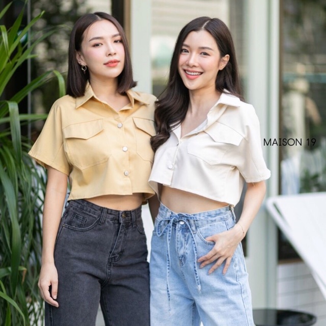 crop shirt |เสื้อเชิ้ตทรงครอปแขนสั้น | Shopee Thailand