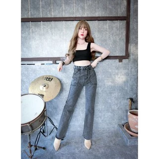 Cc jeans 019 S-5XL กางเกงยีนส์ผู้หญิง ทรงกระบอก เอวสูง แต่งกระเป๋าข้าง กางเกงผู้หญิง