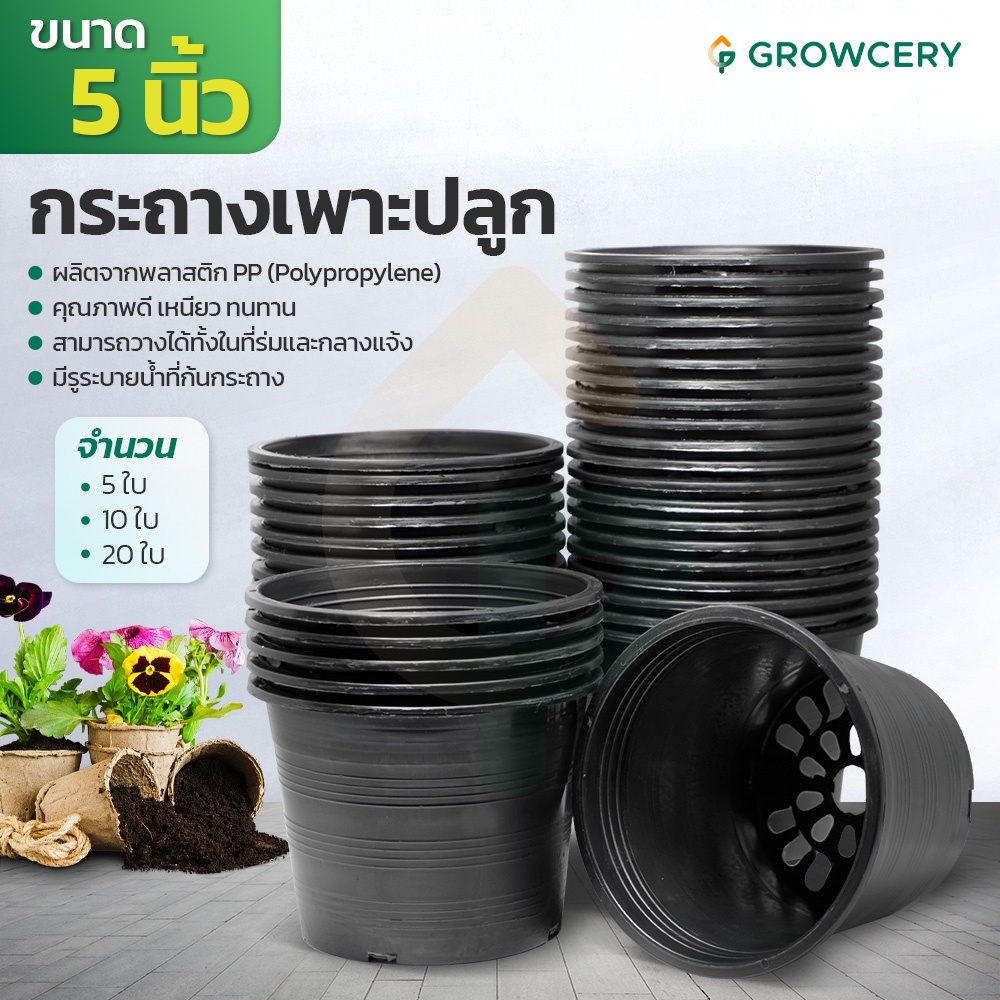 [G] กระถาง 5 นิ้ว ขายเป็นแพ็ค กระถางเพาะปลูก แบบพลาสติก แพ็ค 5ใบ, 10ใบ, 20ใบ จำหน่ายโดย FARMiiLY