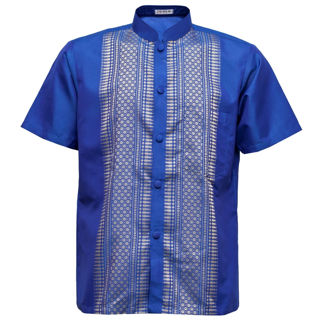 S, 3XL เสื้อไทยผู้ชาย เชิ้ตแขนสั้น ผ้าไหมไทย คอจีน แบบผ่าอก