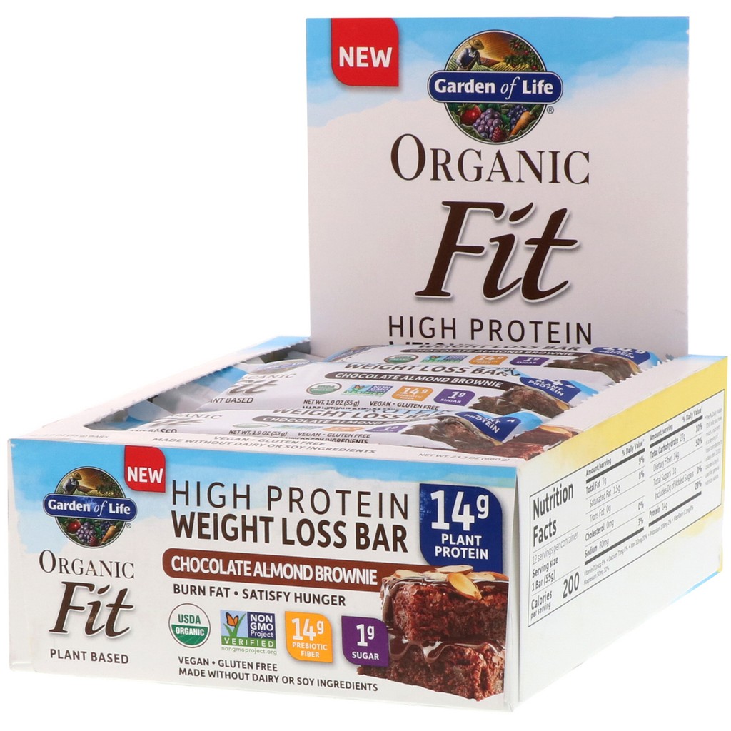 Garden of Life, Organic Fit, High Protein Weight Loss Bar, Chocolate Almond Brownie, 12 Bars, 1.9 oz