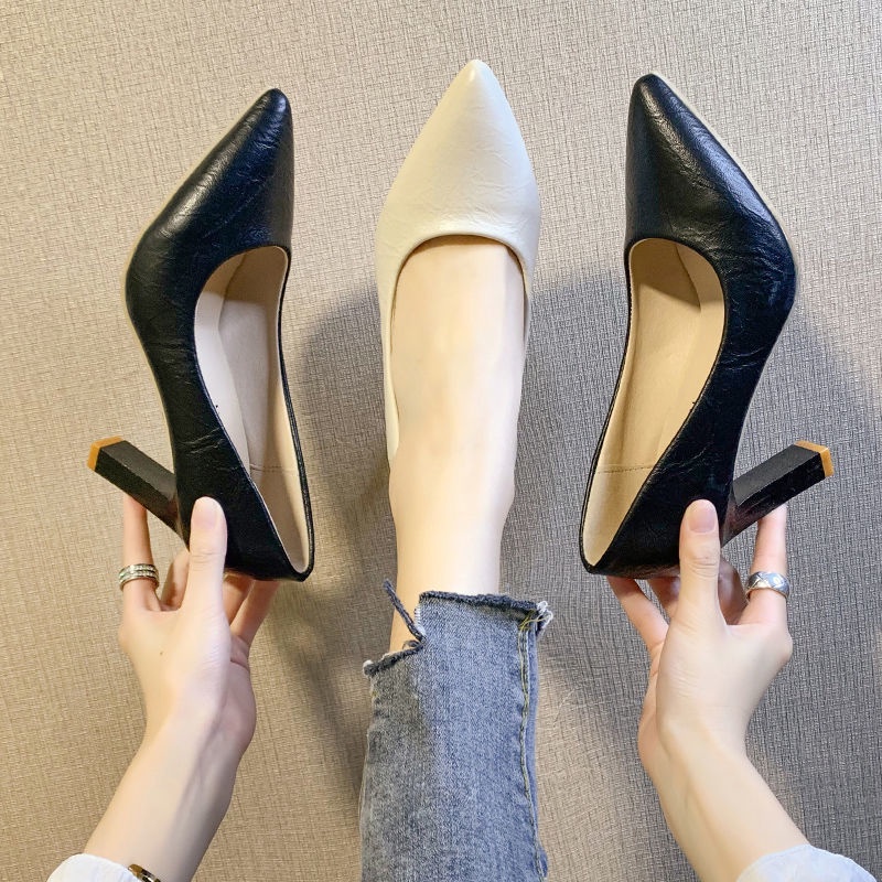 👡34-40 สีดำ 7 ซม. รองเท้าส้นสูงรองเท้าส้นหนานักเรียนทุกการแข่งขันชุดสบายรองเท้าทำงานมืออาชีพสีนู้ดรองเท้าชี้