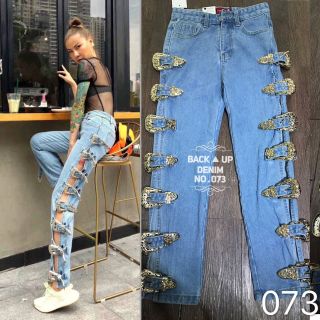 Back UP Jeans  รหัสสินค้า 073 กางเกงยีนส์ผ้าด้านทรงกระบอกแต่งเข็มขัดข้าง