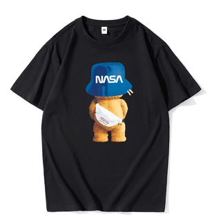 เสื้อยืดโอเวอร์ไซส์เสื้อยืดแขนสั้น คอกลม ผ้าฝ้าย แบบบาง ทรงหลวม ลาย NASA co branded bear แฟชั่นฤดูร้อน สําหรับผู้ชายS-3X