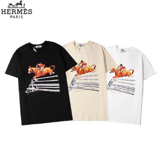 ผ้าฝ้าย 100%hermes เสื้อยืดลําลองสําหรับ unisex ผ้าฝ้ายแขนสั้นทรงหลวมขนาดพลัส s~xxlS-3XL