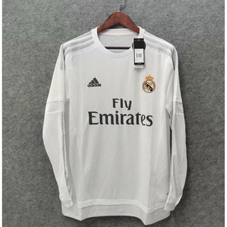 เสื้อกีฬาแขนยาว ลายทีมชาติฟุตบอล Real Madrid 15-16 ชุดเหย้า สีขาว เกรด AAA สไตล์เรโทร สําหรับผู้ชาย