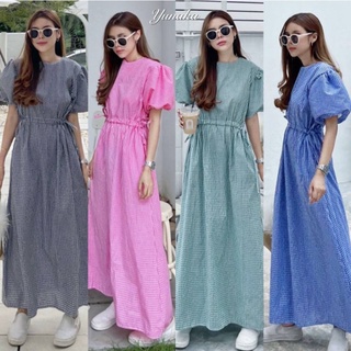 Maxidress แขนตุ๊กตาลายสก็อตรูดเอวแต่งกระดุมหลังน่ารัก