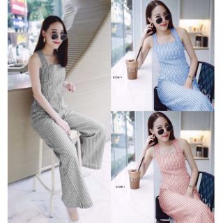 &lt;TW8590&gt;Jumpsuit ชุดจั้มสูทขายาวลายริ้ว เนื้อผ้าคอตตอน ดีเทลเก๋โชว์หลังแอบเซ็กซี่นิดๆ ใส่แล้วลุคดูสวย ส