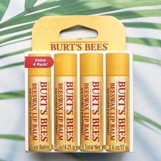 เบิร์ตส์บีส ลิปบาล์ม ผสมวิตามินอี และน้ำมันเปปเปอร์มินต์ แพ็ค 4 ชิ้น Beeswax Lip Balm with Vitamin E &amp; Peppermint Value 4 Pack 17g (Burts Bees®) บำรุงริมฝีปาก ปากแห้ง