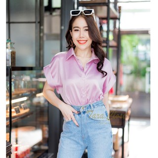 VA045 TARA Shirt Pink เสื้อเชิ้ต ทรงโอเวอร์ไซร์ แขนเบิ้ล แต่งเอวเกร็ด เนื้อผ้าอิตาลี หน้าเงา ผ้าอย่างดี