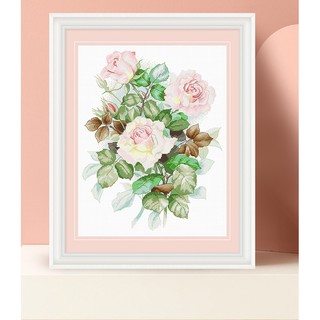 ชุดปักครอสติชพิมพ์ลาย ดอกกุหลาบ กุหลาบสีชมพู (Pink rose Cross stitch kit)