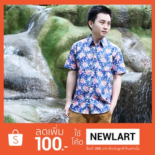 Layer Shirt - เสื้อเชิ้ตแขนสั้น ลายดอกชมพู สีน้ำเงิน