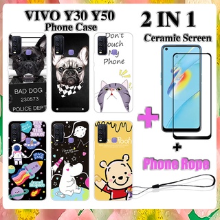 2 IN 1 VIVO Y30 Y50 เคสโทรศัพท์ พร้อมกระจกนิรภัย เซรามิค ป้องกันหน้าจอ โค้ง ฟิล์มนิรภัย การ์ตูน