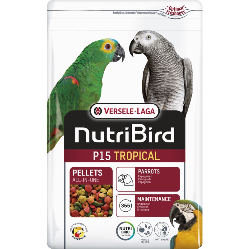 NutriBird P15 เม็ดสี อาหารนกมาคอร์ แอฟริกันเกร์ อีเล็คตรัส แพ็คเก็จ 1 กิโลกรัม