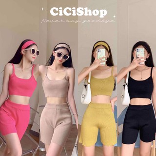 Cicishop(A605-1)เซตสายเดี่ยว+กางเกงทรงbiker ผ้าไหมพรมknit พร้อมสายคาดผมเข้าเซต ทรงสุดฮิต