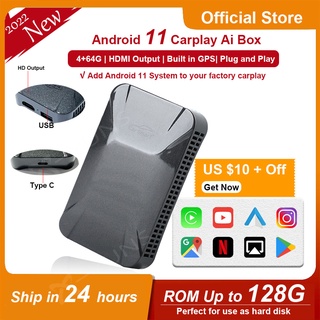 Wireless CarPlay AI Box 2022 CarPlay Adapter and Android Auto ใหม่ เครื่องเล่นมัลติมีเดีย ไร้สาย รถยนต์ สําหรับ Android 11 Apple 4+64G Android Youtube Netfix Benz Aud