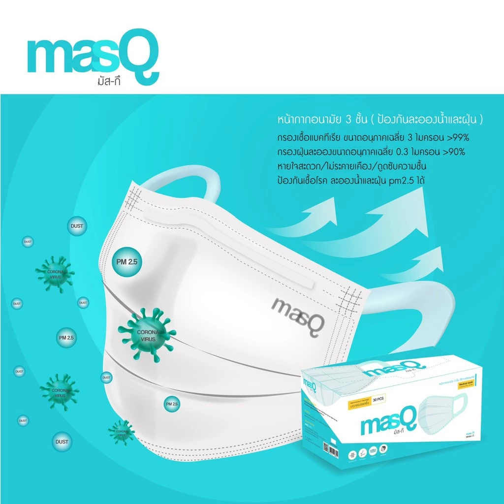 masQ มัส-กึ หน้ากากอนามัย 3 ชั้น ไม่เจ็บหู แพ็คแยกชิ้น คุณภาพใช้ในทางการแพทย์ 30 ชิ้น ป้องกันPM2.5