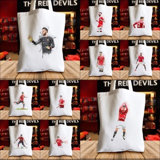 กระเป๋าผ้าแคนวาส ลายนักฟุตบอลแมนเชสเตอร์ยูไนเต็ด แมนยู Manchester United canvas tote bags ภาพสเก็ตสีน้ำ