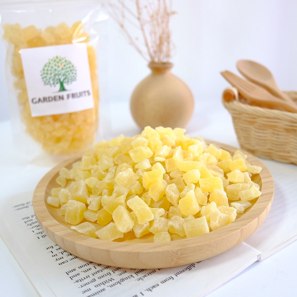 Dehydrated Pineapple Diced สับปะรดอบแห้งแบบเต๋า เกรด A สูตรน้ำตาลน้อย อร่อยมาก!! ผลไม้อบแห้ง By Garden Fruits