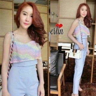 Fashion Set เสื้อครอปอกหัวใจสีพาสเทลสายเทปสามารถผูกปรับระดับได้ มาพร้อมกางเกงขายาว