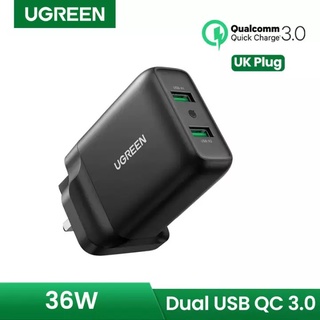 Ugreen อะแดปเตอร์ชาร์จ USB 36W QC 3.0 2 พอร์ต เข้าได้กับ iPhone iPad Galaxy S21 S20 S10 S9 S8 A10s Huawei P40 P30 P20 Lite
