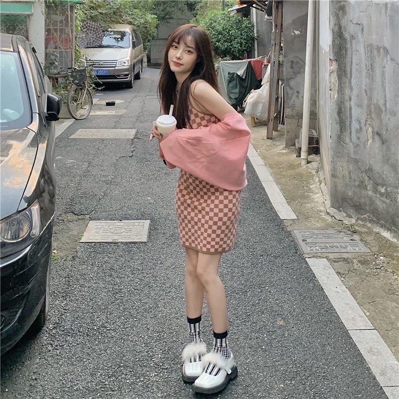 B7432-B7433 Pink mini dress & cardigan มินิเดรสสั้น สายคล้องคอ ลายตาราง checked & คาดิแกนครอปแขนยาว 