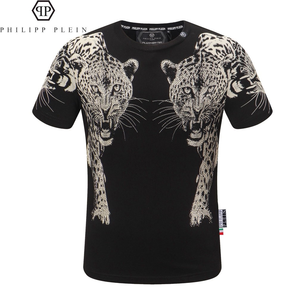 PHILIPP PLEIN Philip เสื้อผ้า PP แขนสั้น Breathable Elastic Street Wear Clothes Hot Diamond Slim-Fit คอกลม