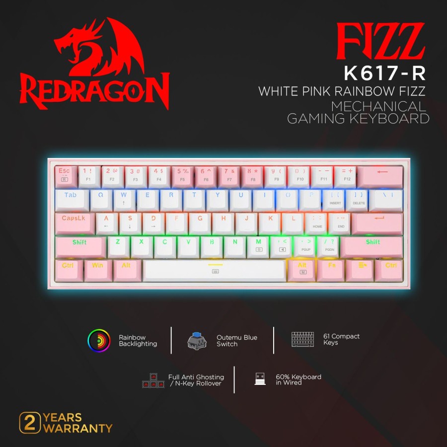 Redragon K617R คีย์บอร์ดเกมกล 60% สีขาว PINK RAINBOW FIZZ