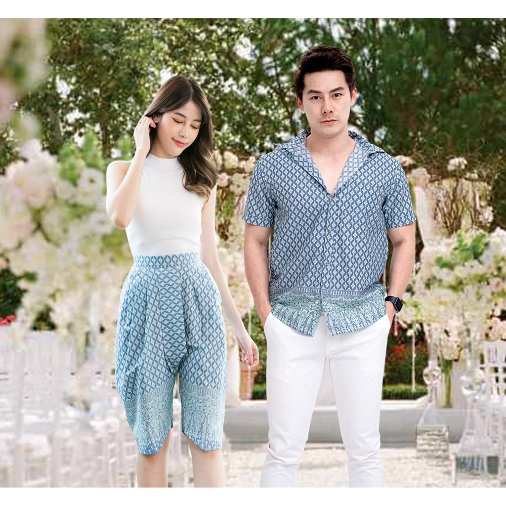 โจงกระเบน กางเกงโจงกระเบน สงกรานต์ Thai Jongkraben  ชุดคู่รัก ชุดไทยคู่รัก ชุดเล่นน้ำสงกรานต์ เสื้อเชิ้ตผ้าไทย สีพาสเทล