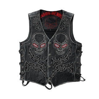 Mens Lace-Up Side Motorcycle Leather Vest Genuine Cowhide Sleeveless Jackets Embroidery Pattern Light Reflection Black W