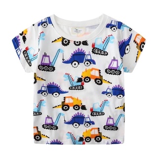 T173 เสื้อยืดคอกลม พื้นขาว ลายDino-Car เสื้อยืดเด็ก