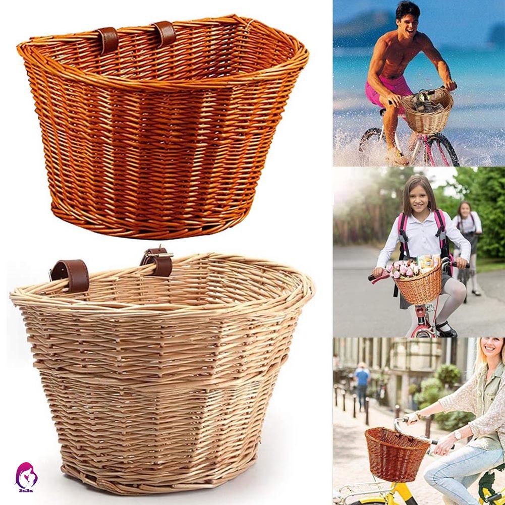 ♨♦♦ Wicker D-Shaped Bike Basket Portable Hand-Woven Shopping Folk Craftsmanship Bicycle Storage with Leather Straps