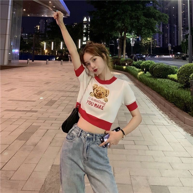 Elves✨พร้อมส่ง✨เสื้อไหมพรมแขนสั้นน้อนหมีน่ารัก🐻*7201 - รูปที่ 5