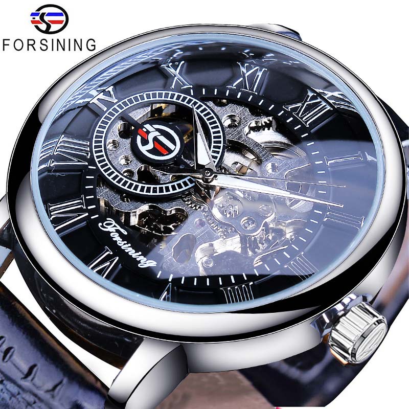 นาฬิกาForsining 3d Logo Design Hollow Engraving Black Gold Case Leather  Skeleton Mechanical Watches Men Luxury Brand Her | Shopee Thailand