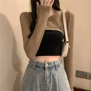 ส่งทันที Cici(NO. 78040)เสื้อคลุมแขนยาวไหมพรมคอกลม ตาข่าย ซีทรูเพิ่มดีเทลเว้าหน้าอกสไตล์โคเรียเวอร์