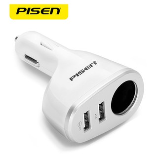 Pisen หัวชาร์จในรถ 2 ช่อง USB 1 ช่องจุดบุหรี่ (White)