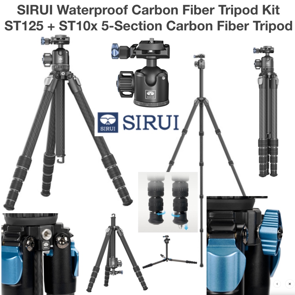 SIRUI Waterproof Carbon Fiber Tripod Kit ST125 + ST10x ballhead  5-Section Arca-Swiss 20kg Load Capacity